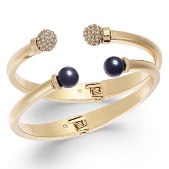 Charter Club Cuff Bracelets 2-Pc. Set Pavé Bead & Imitation Pearl New Gold Tone - Picture 1 of 13